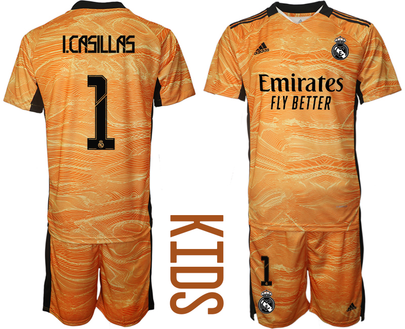 Youth 2021-2022 Club Real Madrid orange yellow goalkeeper #1 Soccer Jerseys
